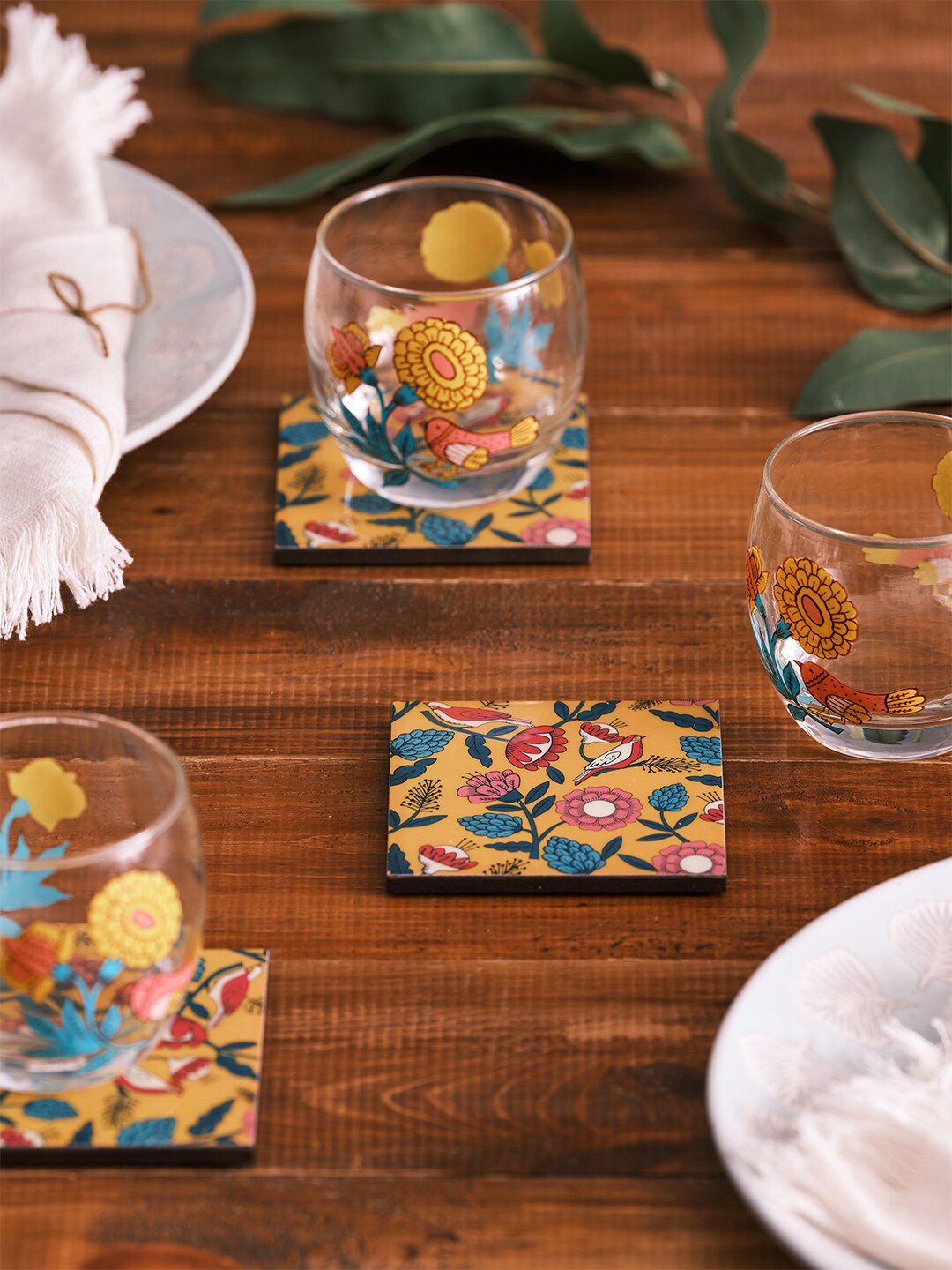 Set Chumbak 6 Coaster Printed Kuning &amp; Pink