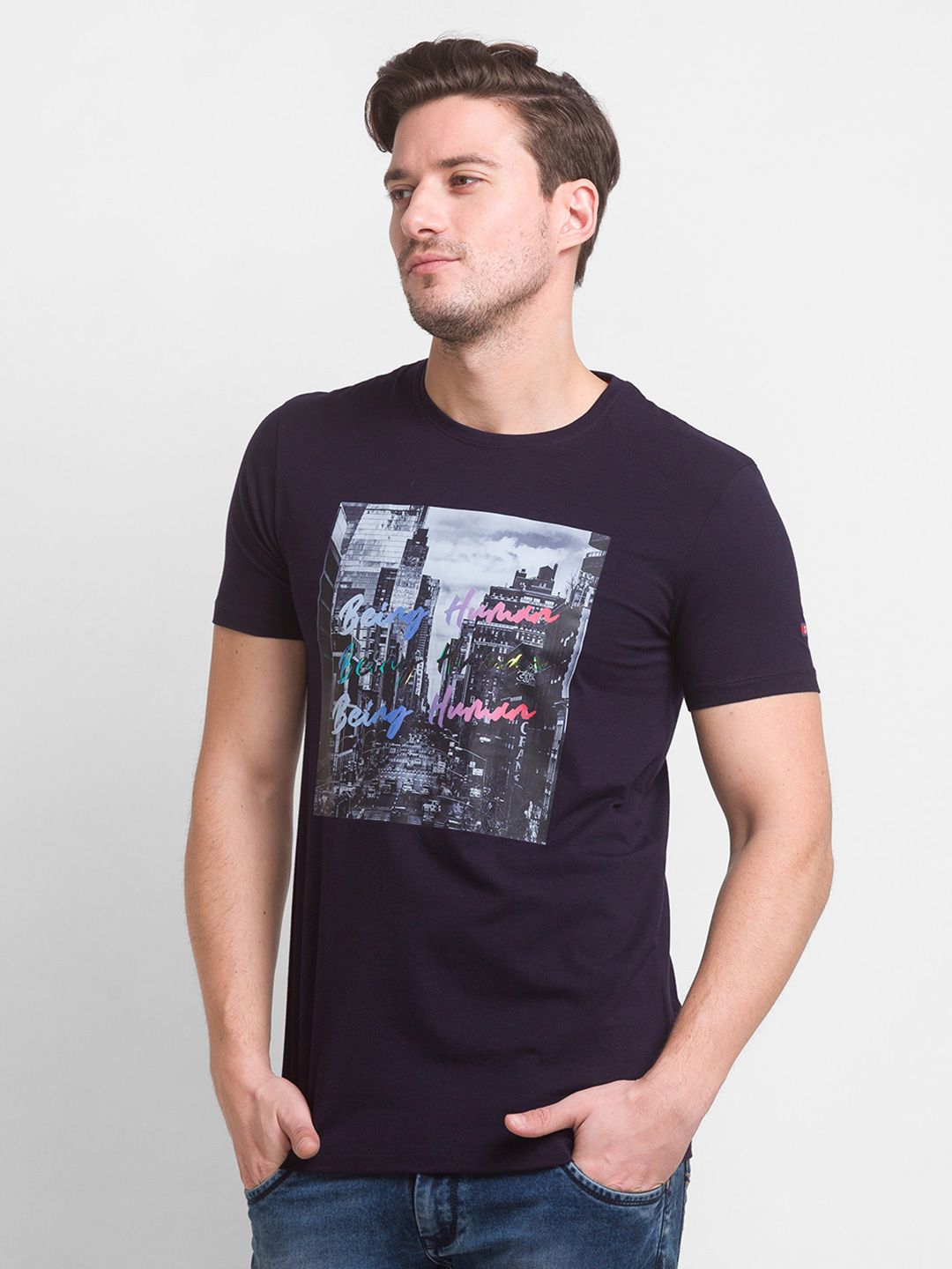 Being Human Men Navy Blue Printed T-shirt