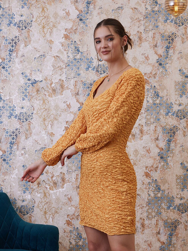 Athena Yellow Self Design Textured Sweatheart Neck Bodycon Dress