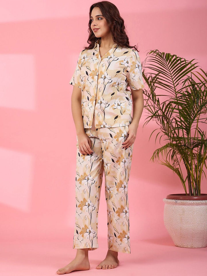 SANSKRUTIHOMES Floral Printed Short Sleeves Pure Cotton Shirt With Pyjamas
