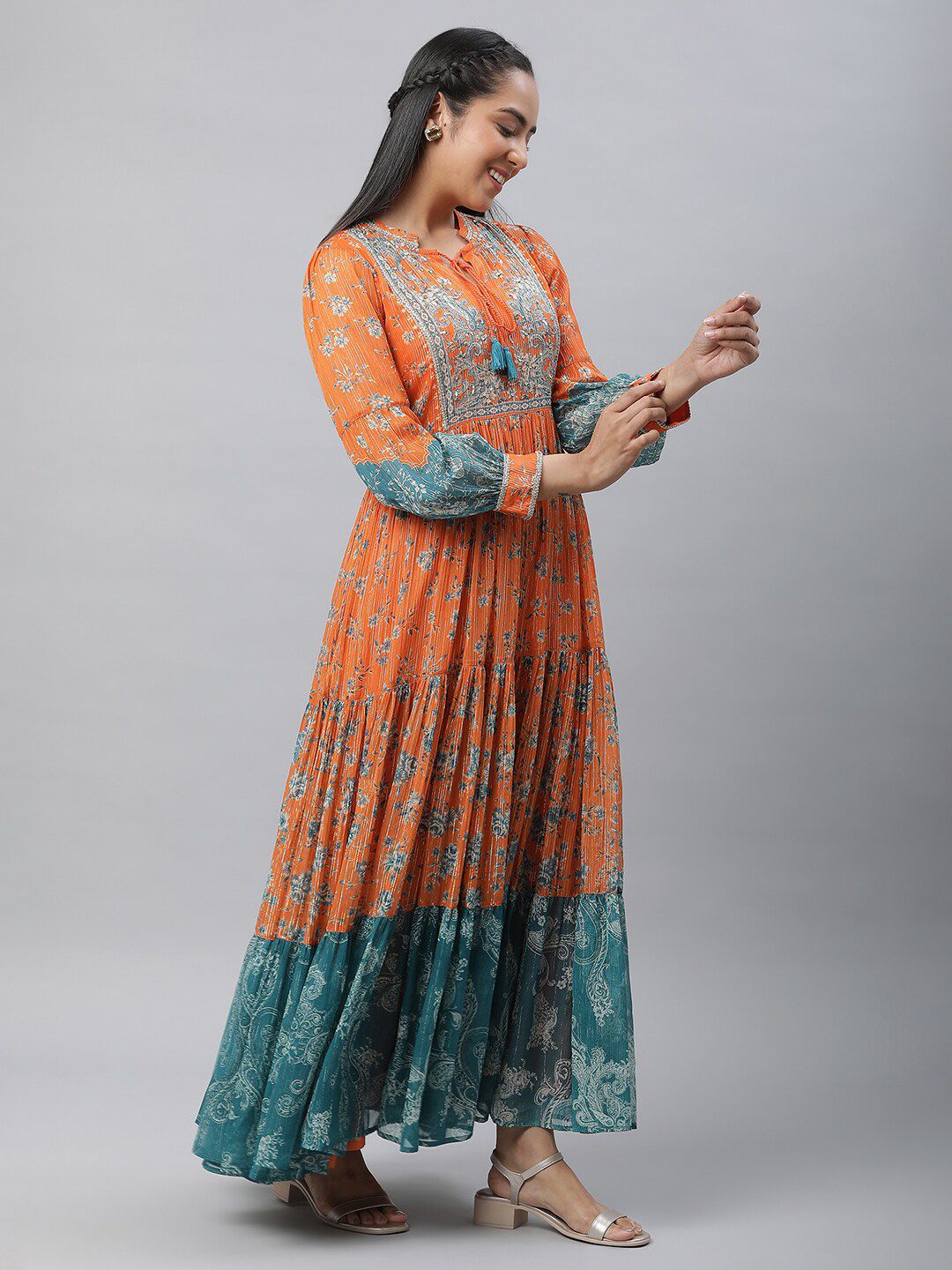 AURELIA Floral Printed Tie-Up Neck Cuffed Sleeves Tiered Detail Georgette Maxi Dress