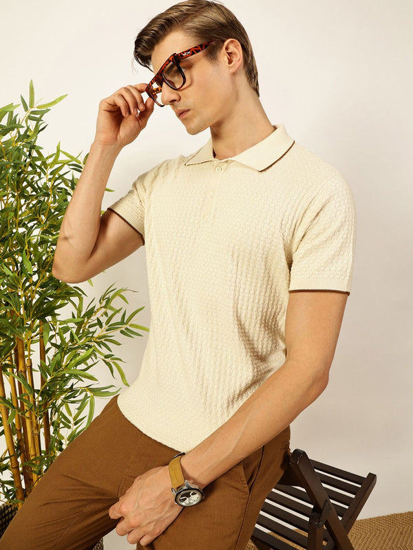 Thomas Scott Men Self Design Regular Fit Knitted Polo T-shirt