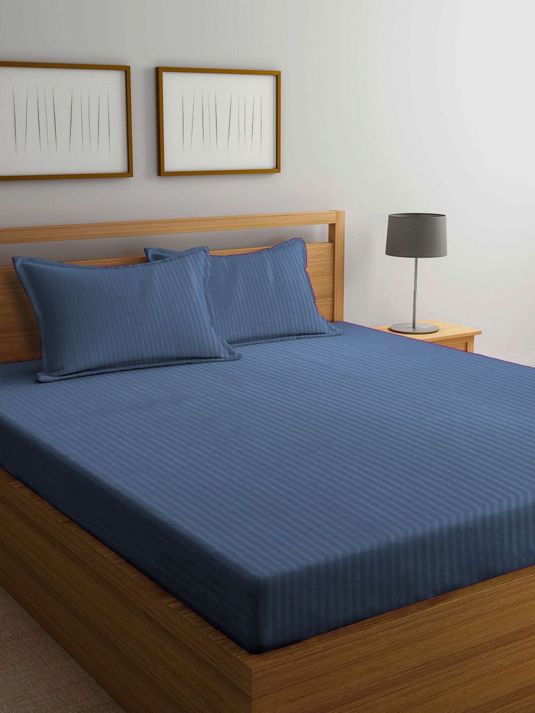 KLOTTHE Blue Striped Cotton 300 TC King Fine Bedsheet with 2 Pillow Covers-98 x 87 inches