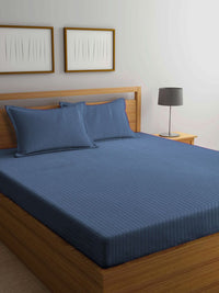 KLOTTHE Blue Striped Cotton 300 TC King Fine Bedsheet with 2 Pillow Covers-98 x 87 inches