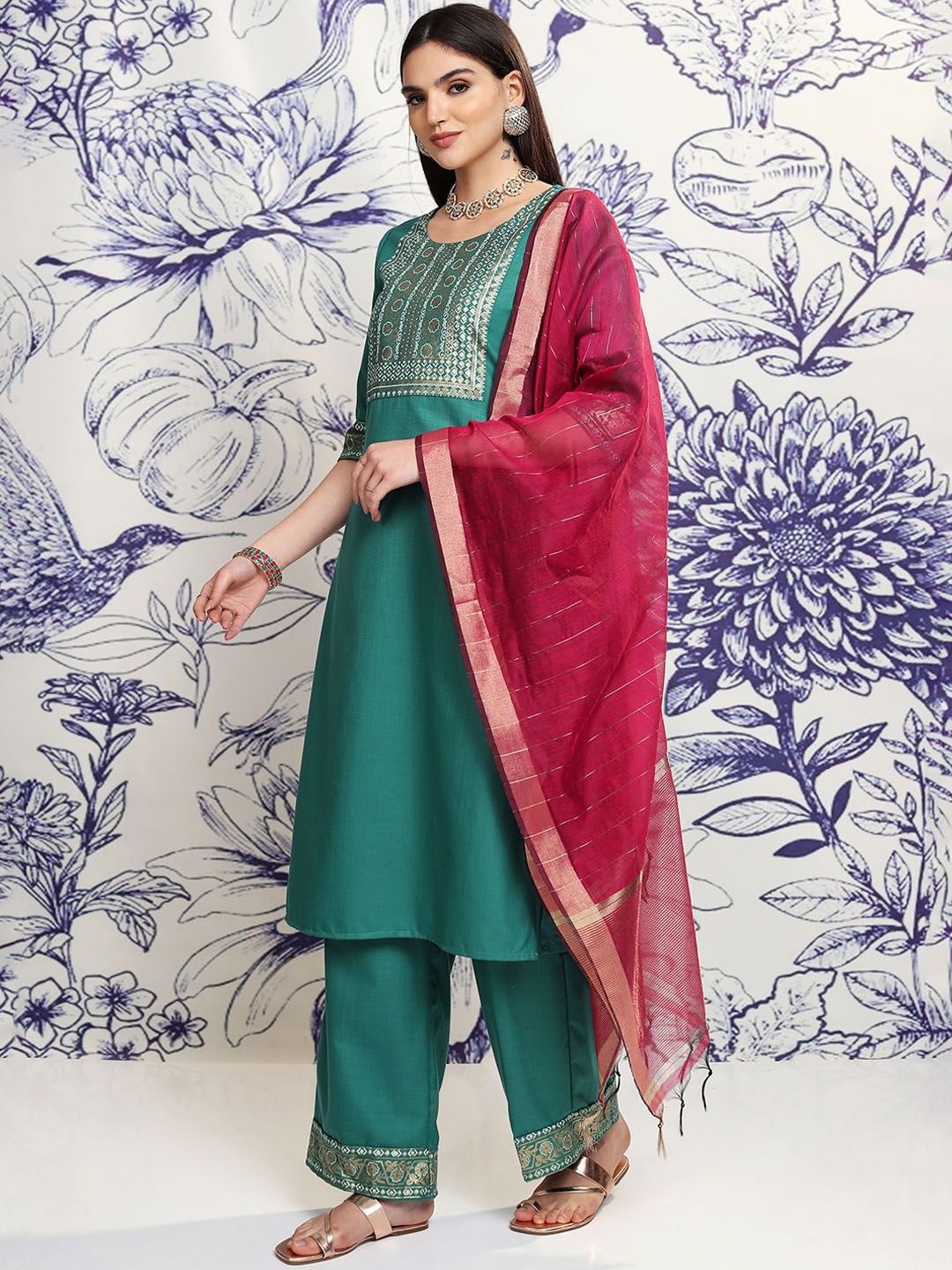 Vishudh Green Ethnic Motifs Yoke Design Regular Straight Kurta With Palazzos & Dupatta