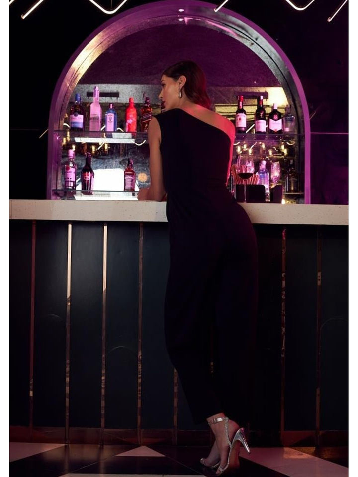 Athena Black One Shoulder Basic Jumpsuit with Embellished