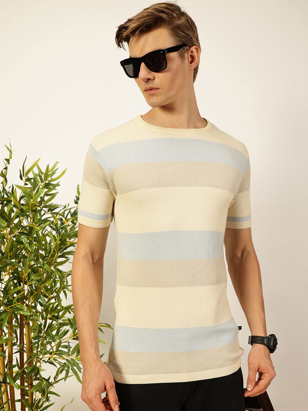 Thomas Scott Men Knit Striped Round Neck T-shirt