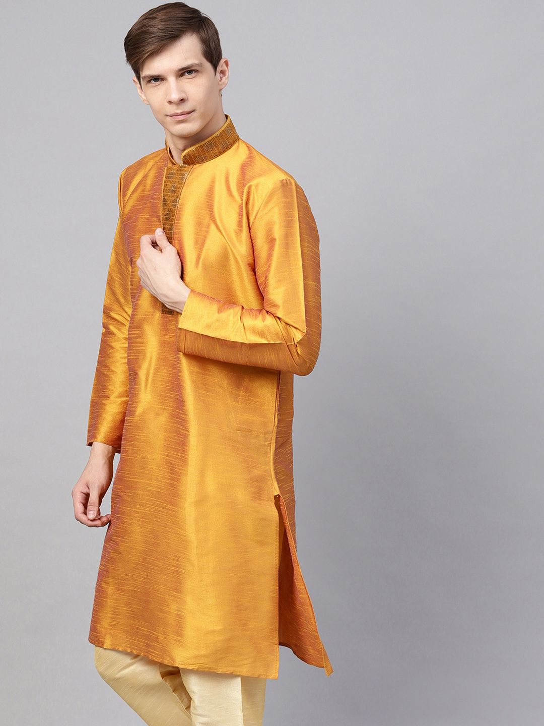 SOJANYA Lelaki Mustard Tenun Kuning Design Kurta Lurus