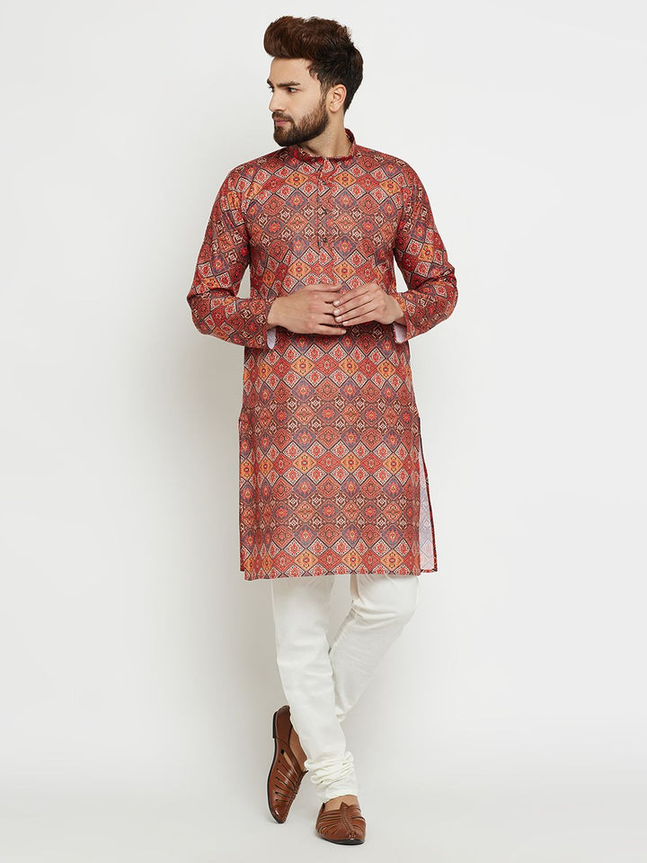 SOJANYA Men Orange & Blue Printed Straight Kurta