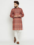 SOJANYA Men Orange & Blue Printed Straight Kurta