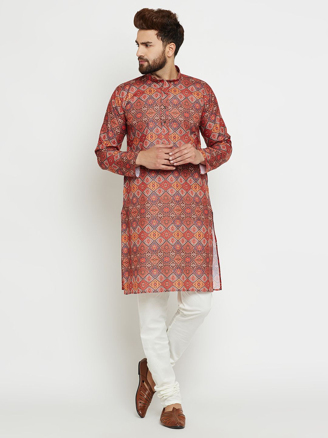 SOJANYA Men Orange & Blue Printed Straight Kurta
