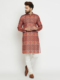 SOJANYA Men Orange & Blue Printed Straight Kurta
