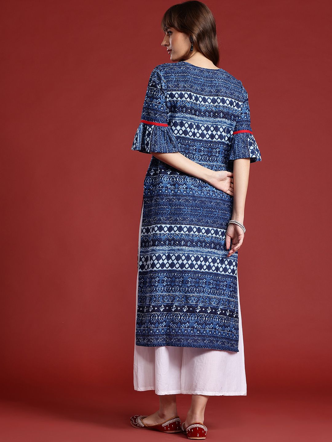 Anouk Ethnic Printed Flared Sleeves Indigo Pure Cotton Kurta