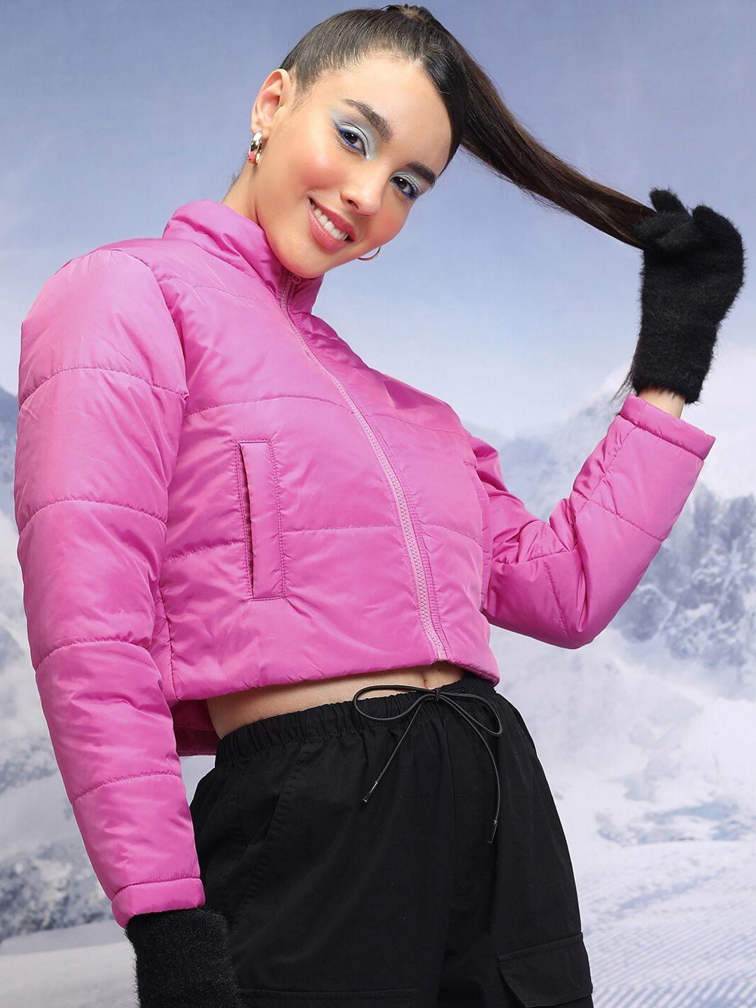 Tokyo Talkies Pink Mock Collar Crop Puffer Jacket