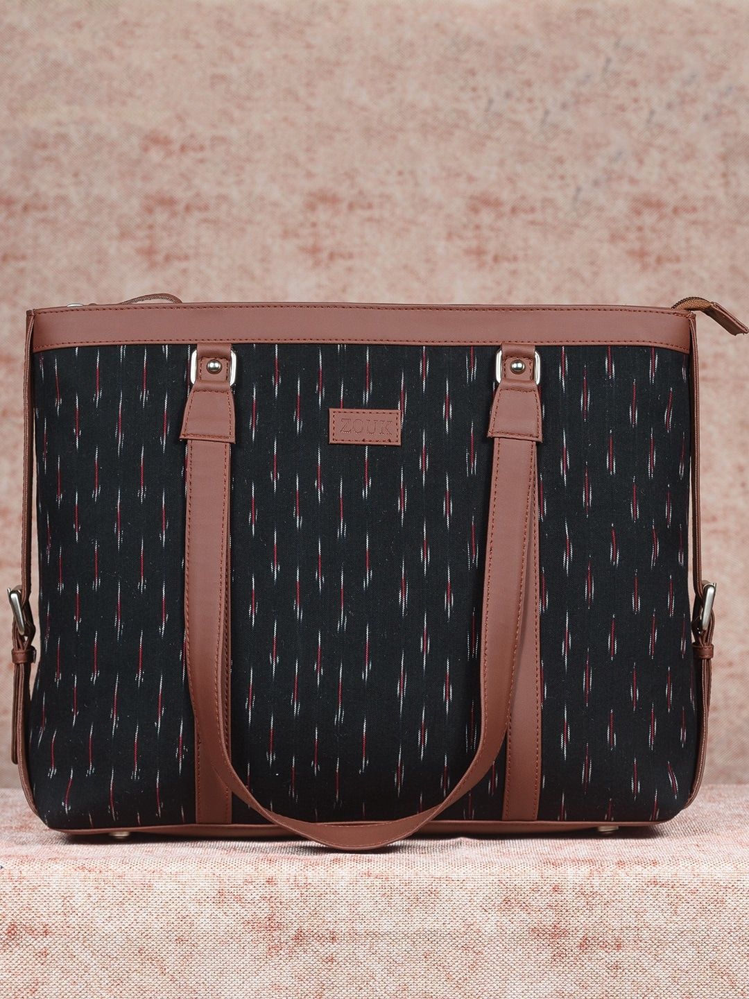 ZOUK Women Black Geometric Printed Leather Structured Shoulder Laptop Tote Bag