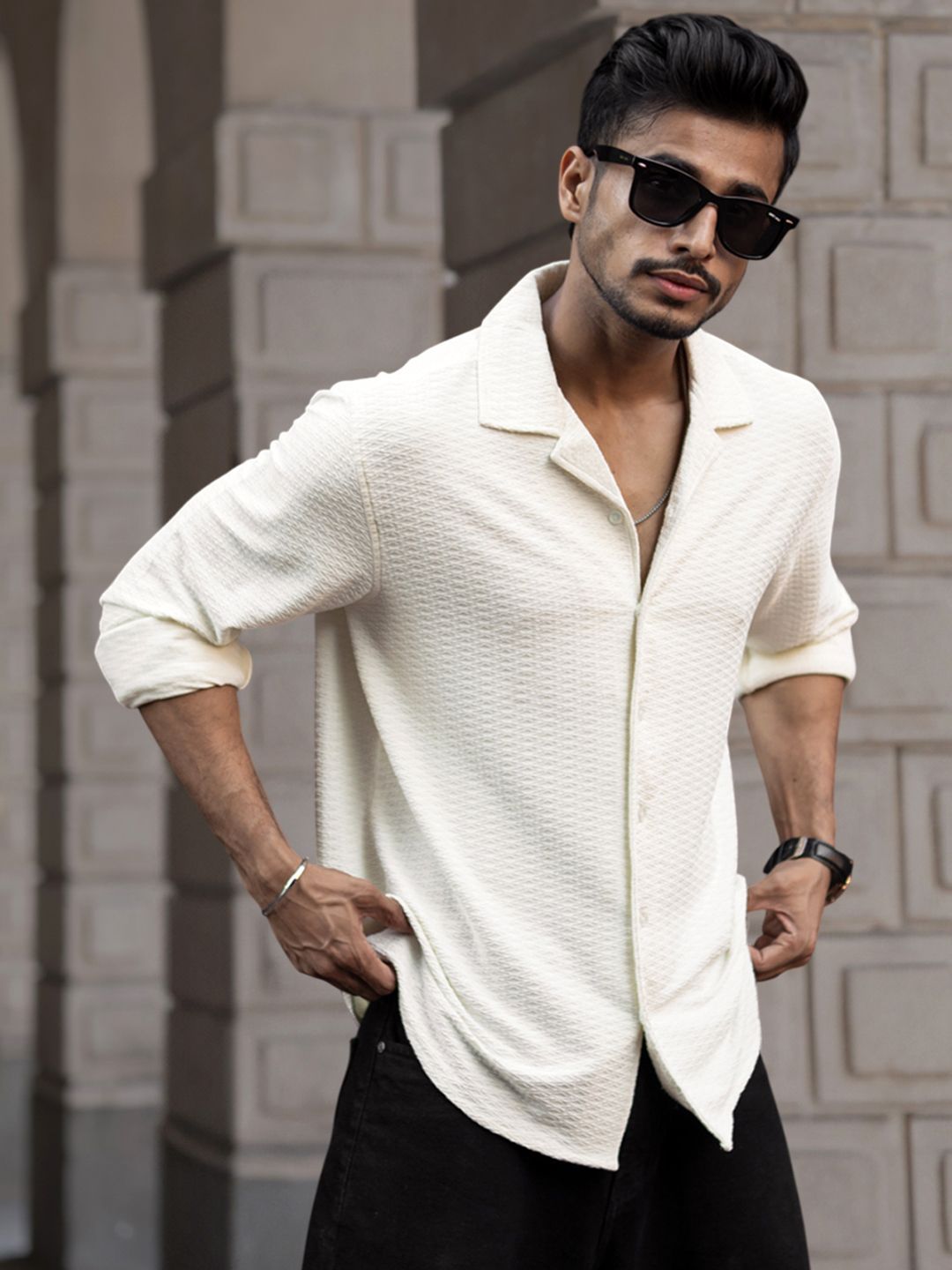 Powerlook Men Cuban Collar Textured Relaxed Fit Casual Shirt
