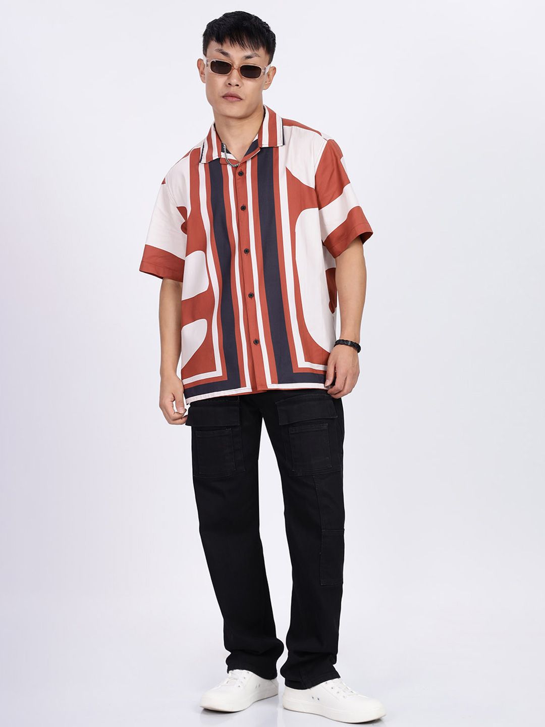 Eszett Lelaki Baju Kasual Kapas Bercetak Spread Collar Abstrak