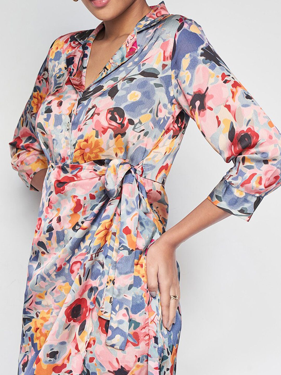 AND Floral Printed Lapel Collar Cuffed Sleeves Tie-Up Detailed A-Line Dress