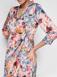 AND Floral Printed Lapel Collar Cuffed Sleeves Tie-Up Detailed A-Line Dress