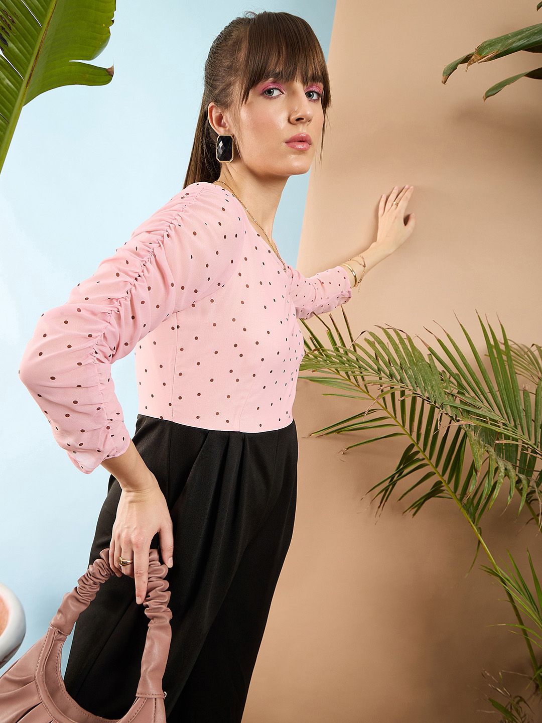 SASSAFRAS Peach-Coloured and Black Colourblocked Smocked Jumpsuit