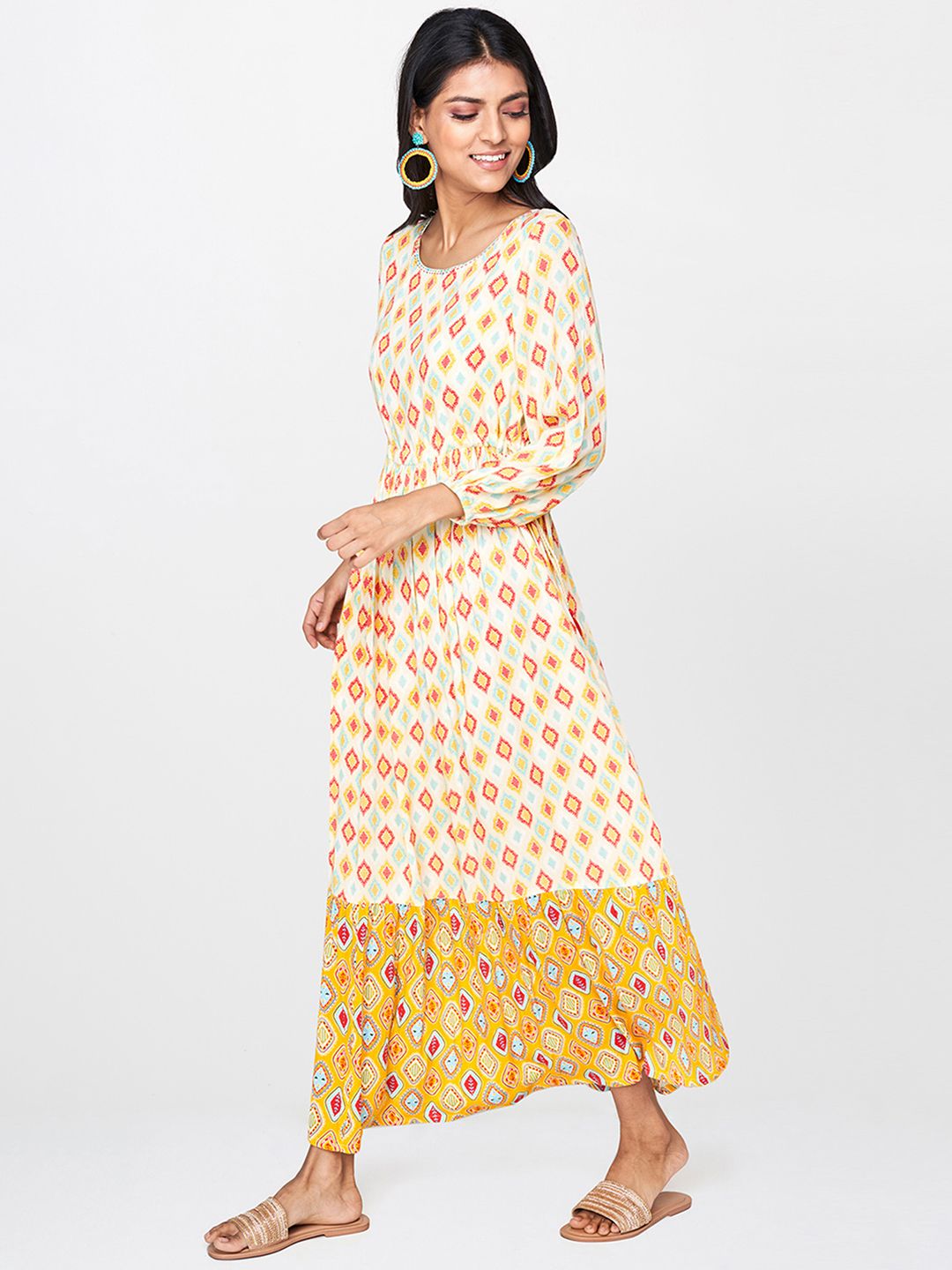 Global Desi Women Off-White & Mustard Yellow Printed Maxi Dress