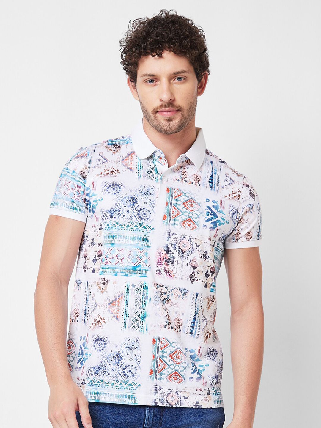 SPYKAR Printed Polo Collar Cotton Slim Fit T-shirt