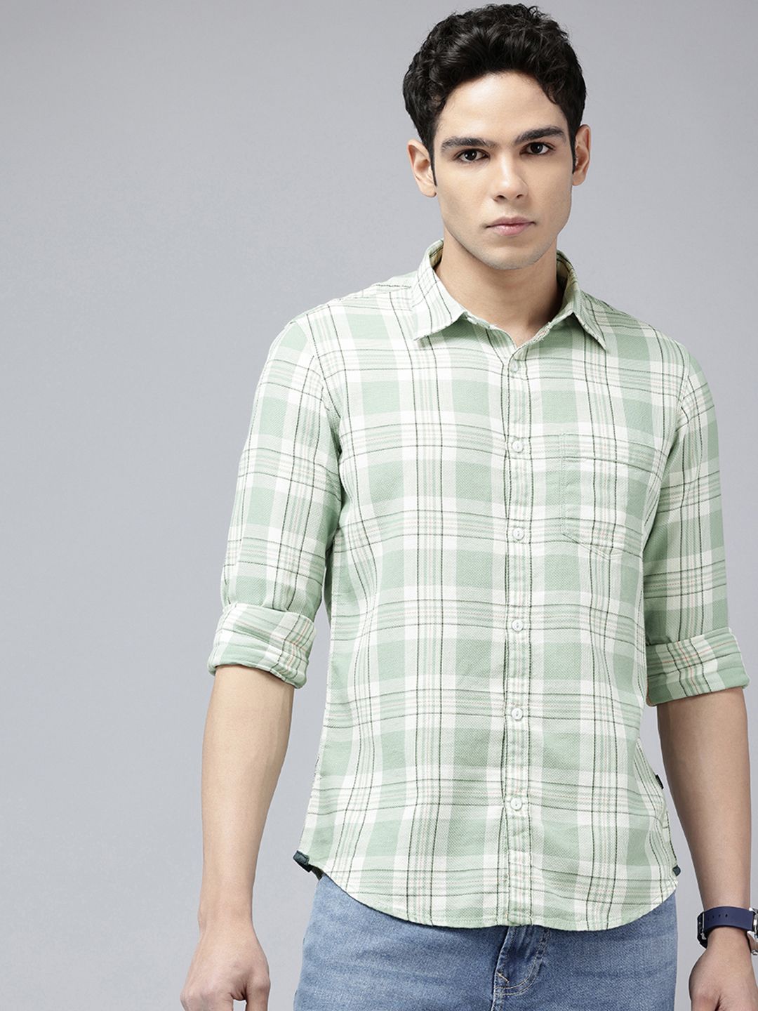 SPYKAR Pure Cotton Slim Fit Tartan Checks Opaque Casual Shirt