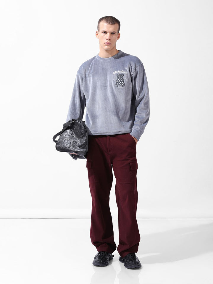 The Indian Garage Co Men Oversized Self Design Corduroy Crew Neck Sweatshirt