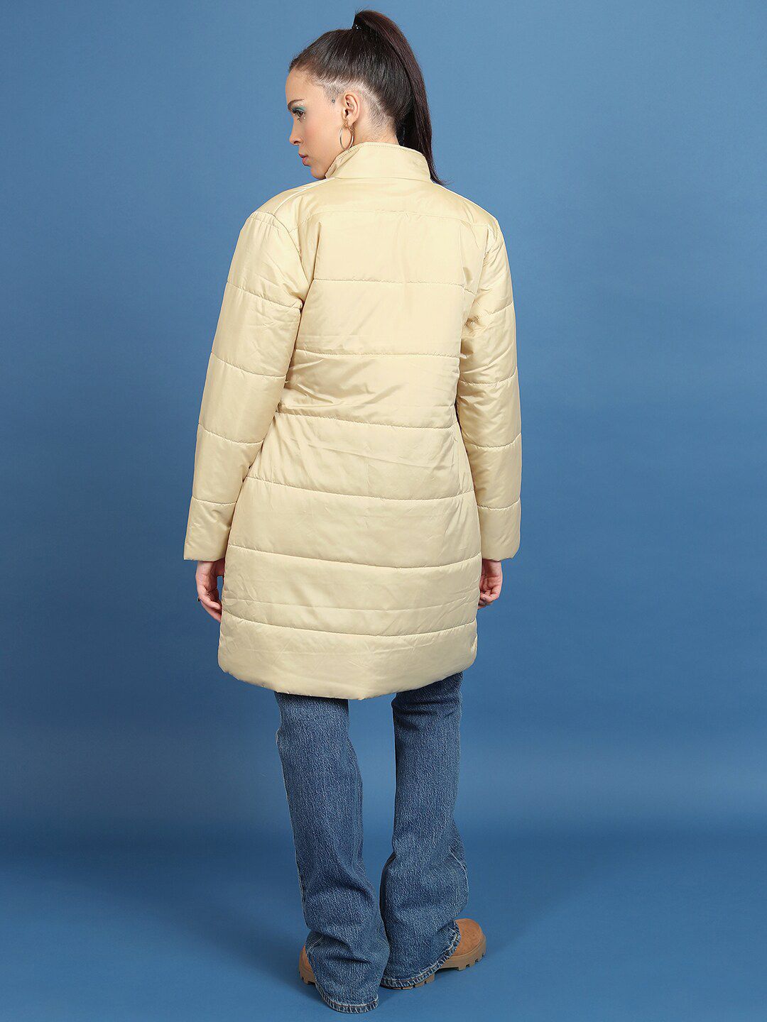 Tokyo Talkies Brown Mock Collar Longline Puffer Jacket