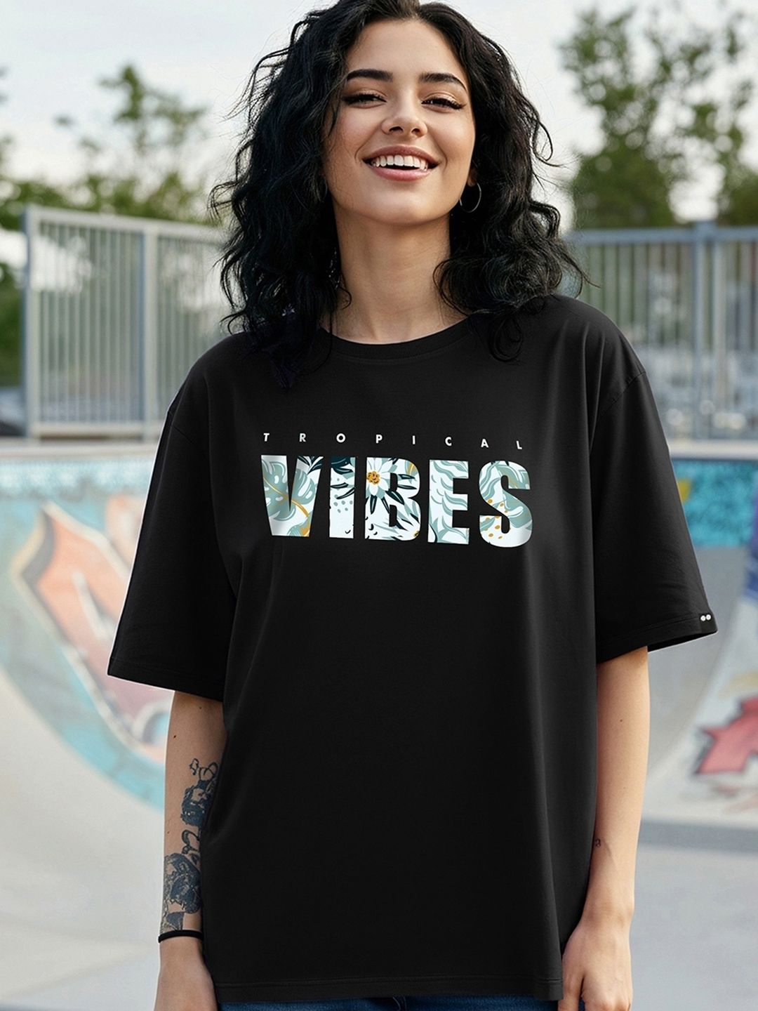 Bewakoof Women Tropical Vibes Typography Oversized T-shirt