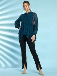 Antheaa Embellished Mandarin Collar Bell Sleeve Chiffon Top