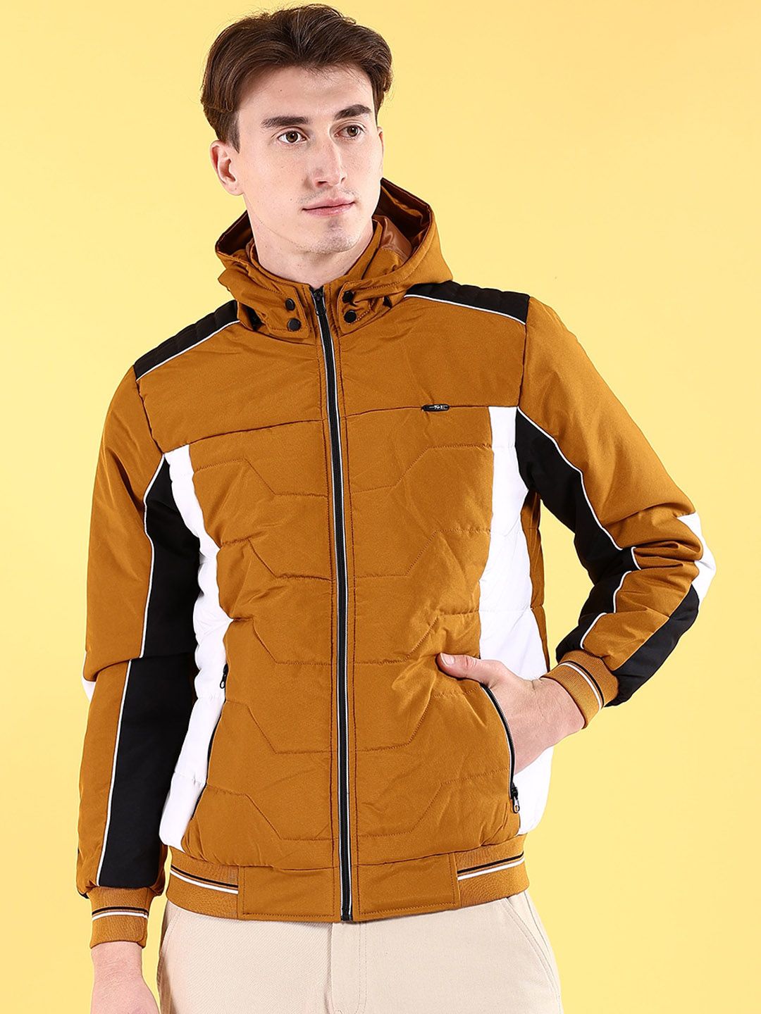 The Indian Garage Co Men Colourblocked Bomber Jacket with Hood
