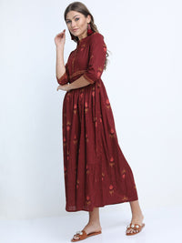 Vishudh Women Maroon Ethnic Motifs Ethnic Cotton Maxi Dress