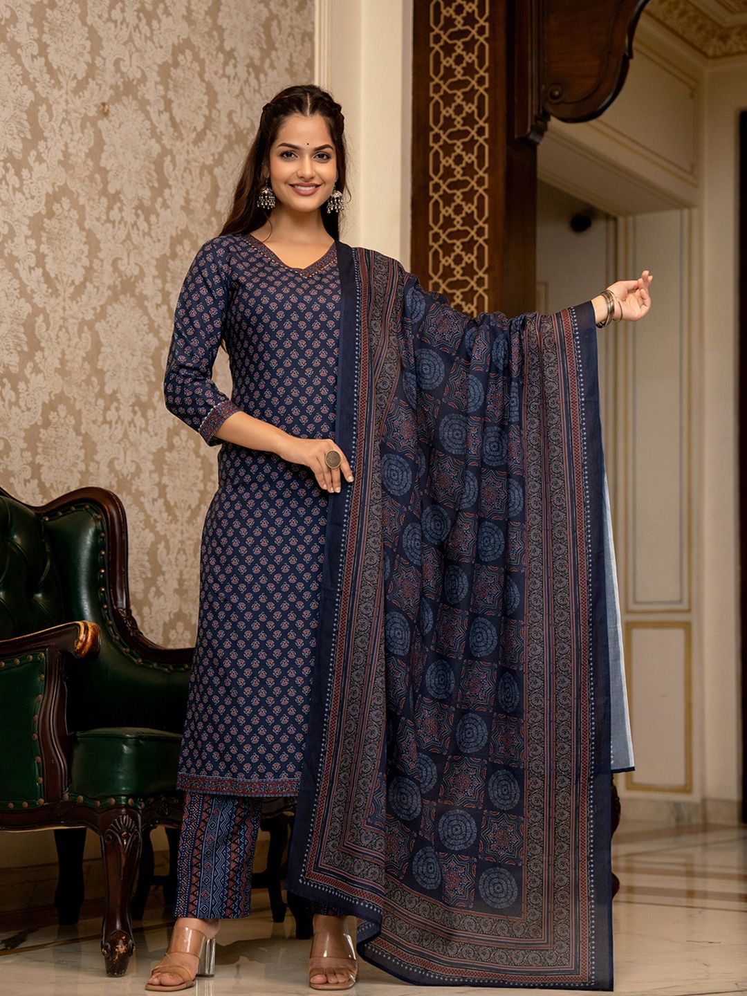 KALINI Ethnic Motifs Printed Regular Gotta Patti Straight Kurta with Trousers & Dupatta