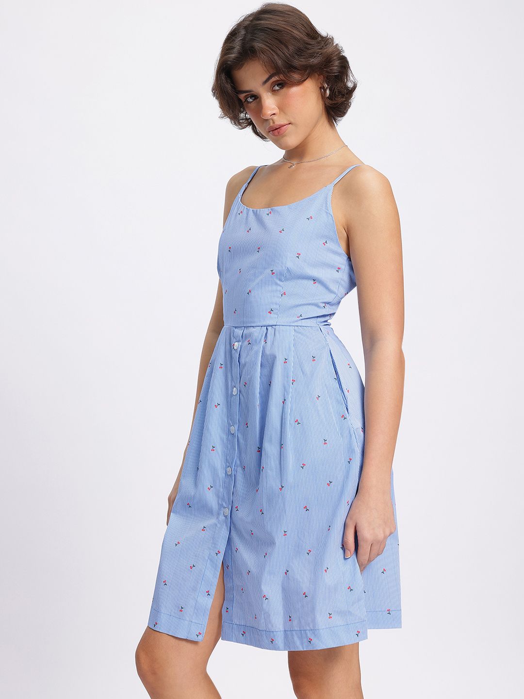 DressBerry Youthful Charm Striped Ditsy Print Pleated A-line Dress with Styled Back