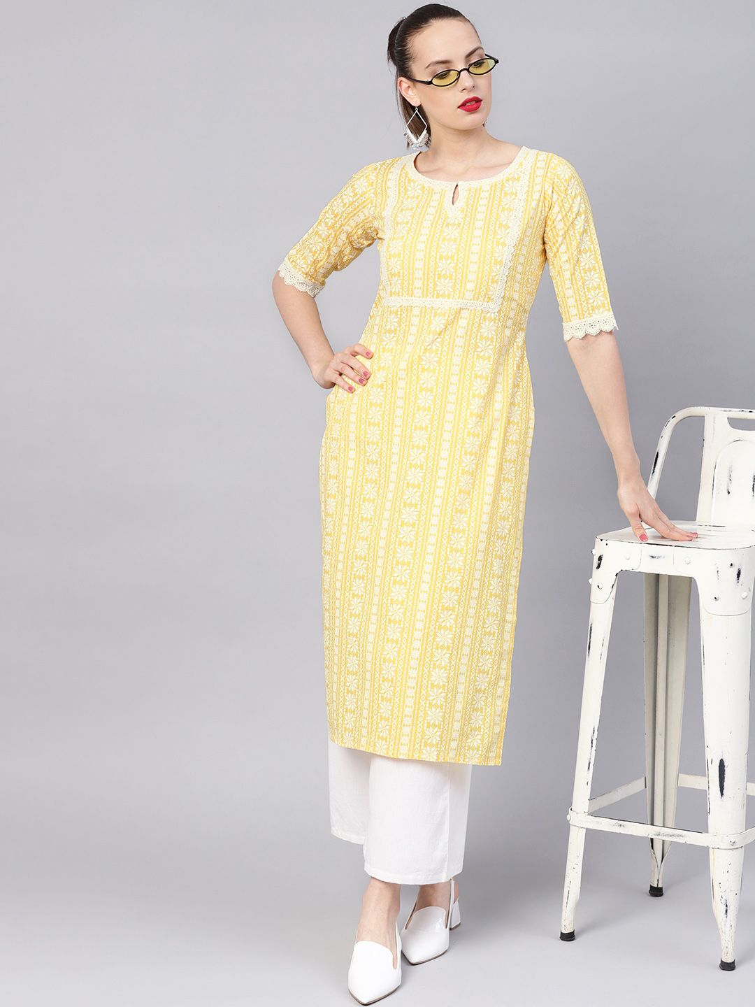 Libas Women Yellow & White Block Print Straight Kurta