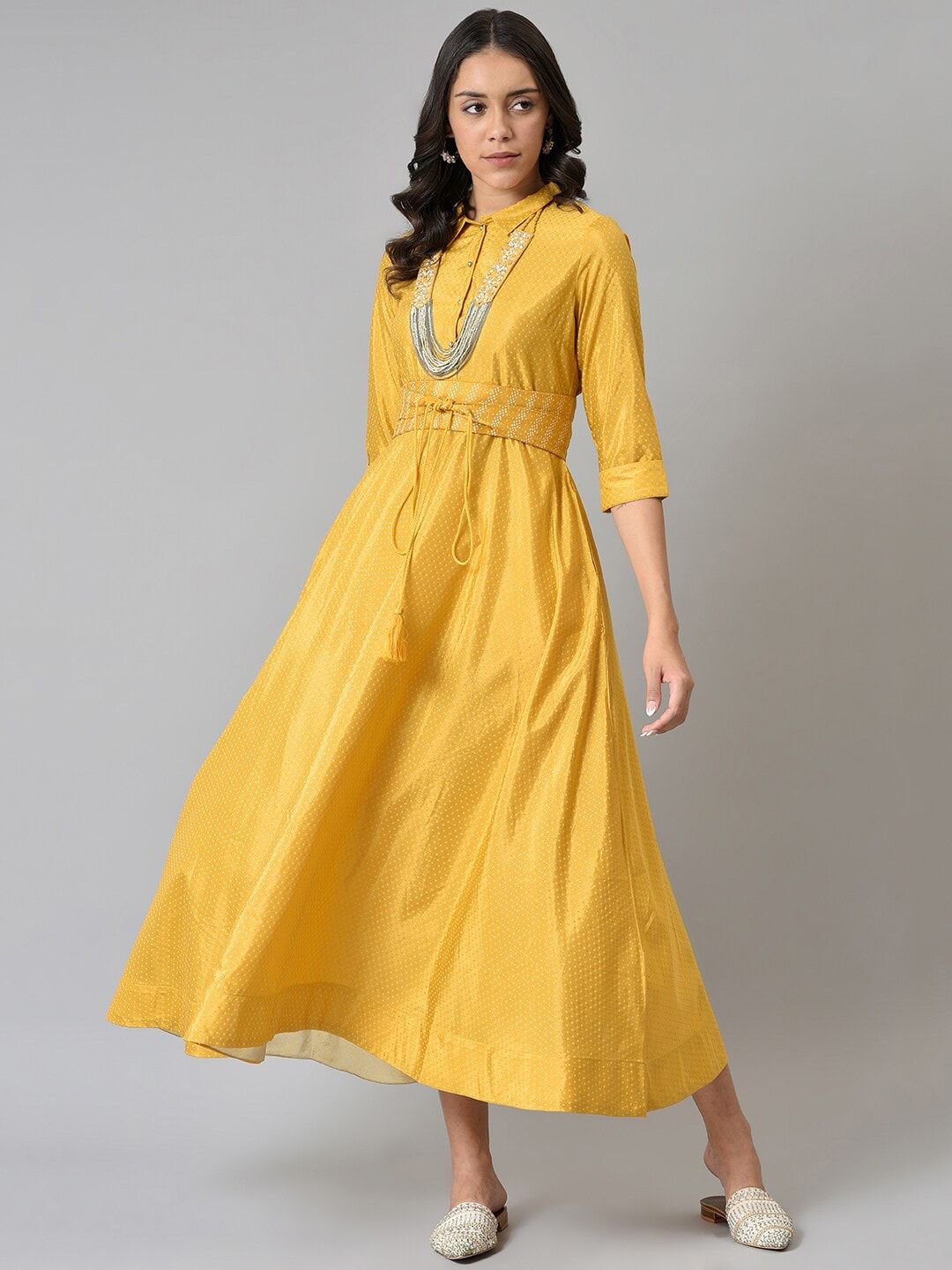 W Yellow Ethnic Motifs Tie-Up Neck Ethnic Midi Dress