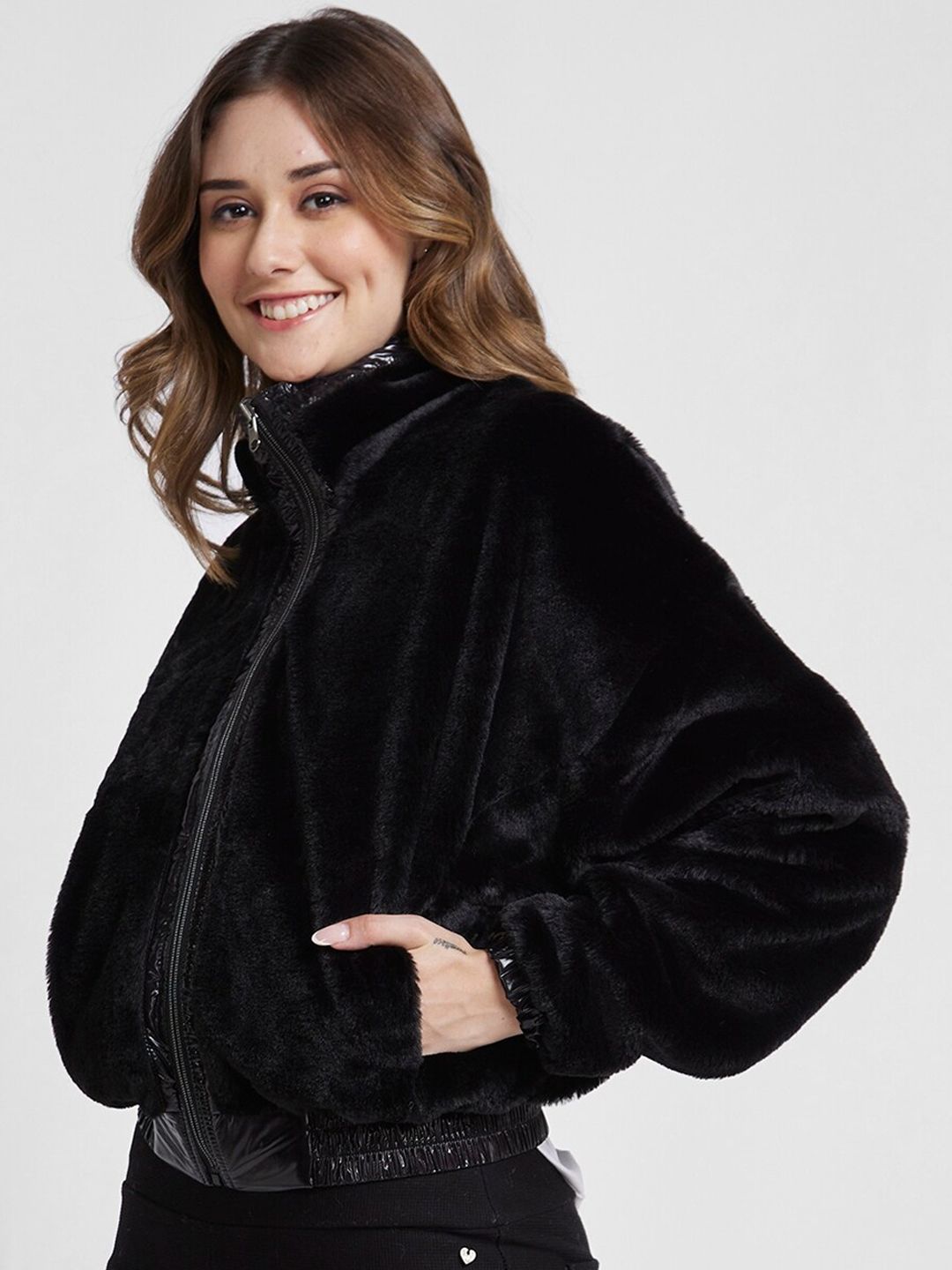 SPYKAR Mock Collar Reversible Bomber Jacket With Faux Fur Trim