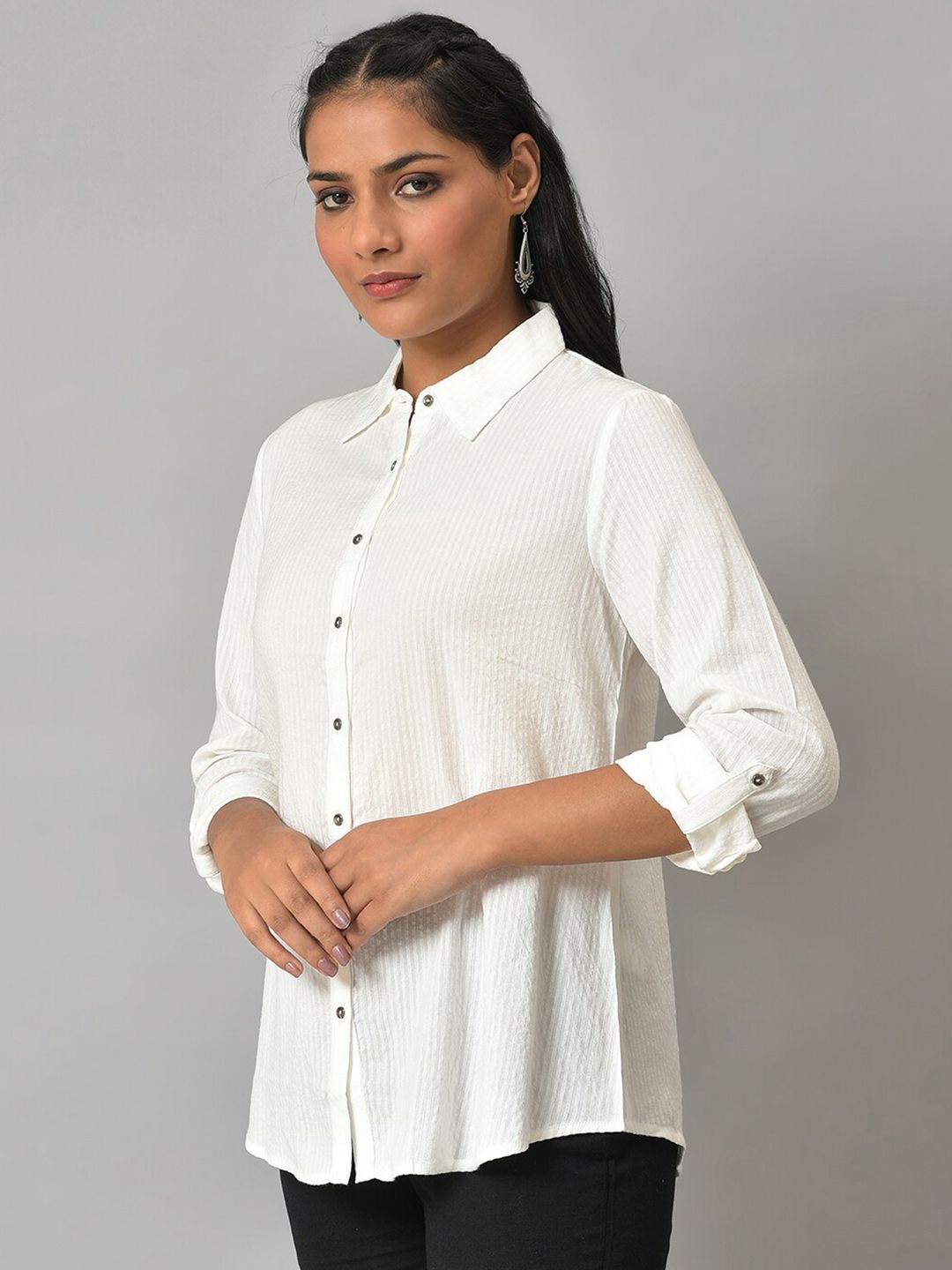 W Opaque Pure Cotton Striped Casual Shirt