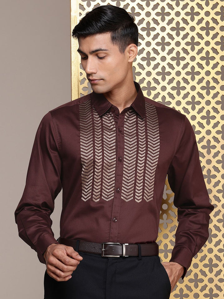 House of Pataudi Geometric Embroidered Pure Cotton Party Shirt