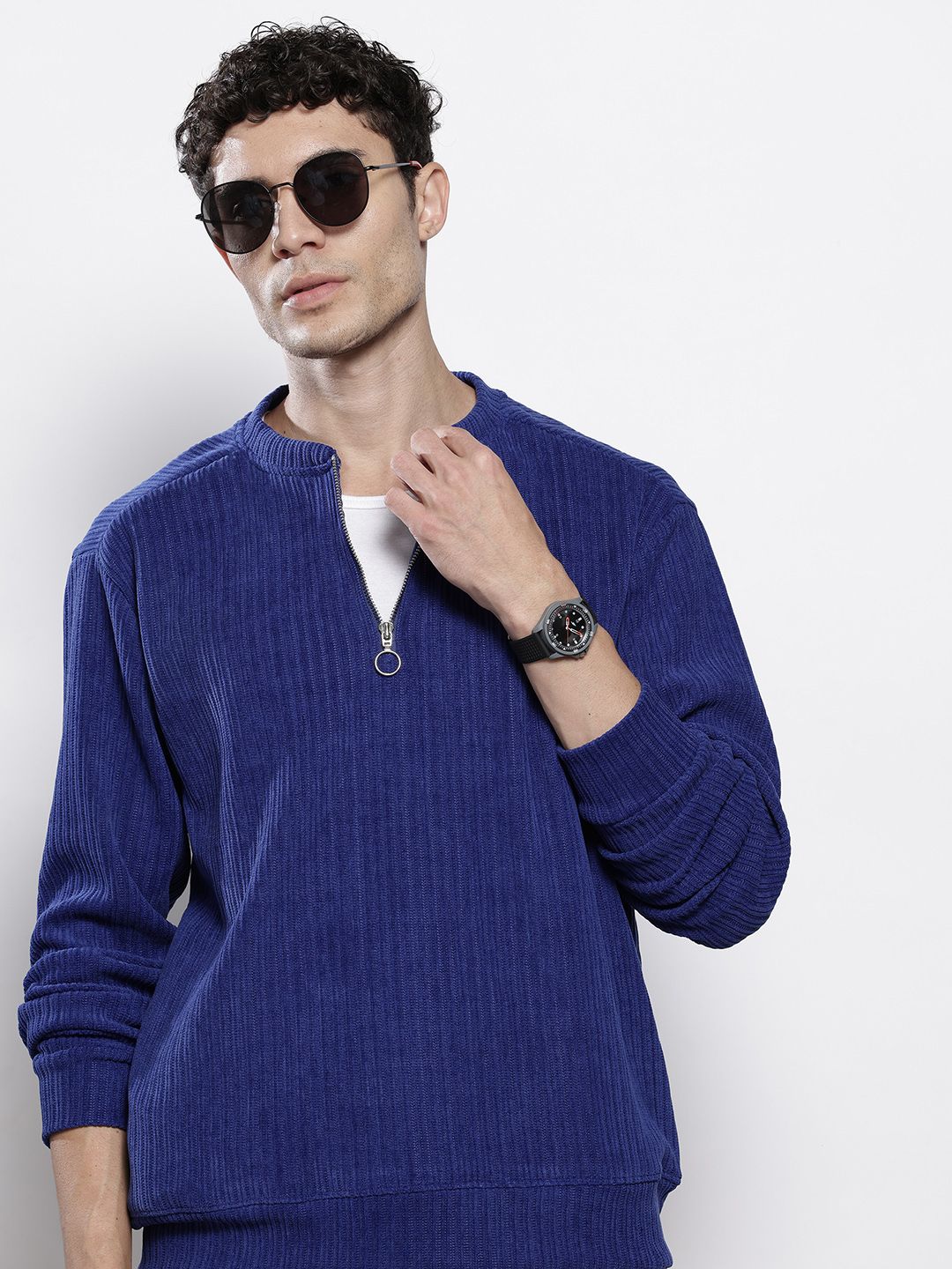 The Indian Garage Co Self Design Henley Neck Drop-Shoulder Sleeves Corduroy Sweatshirt