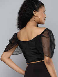 SASSAFRAS Black Off-Shoulder Velvet Crop Bardot Blouse