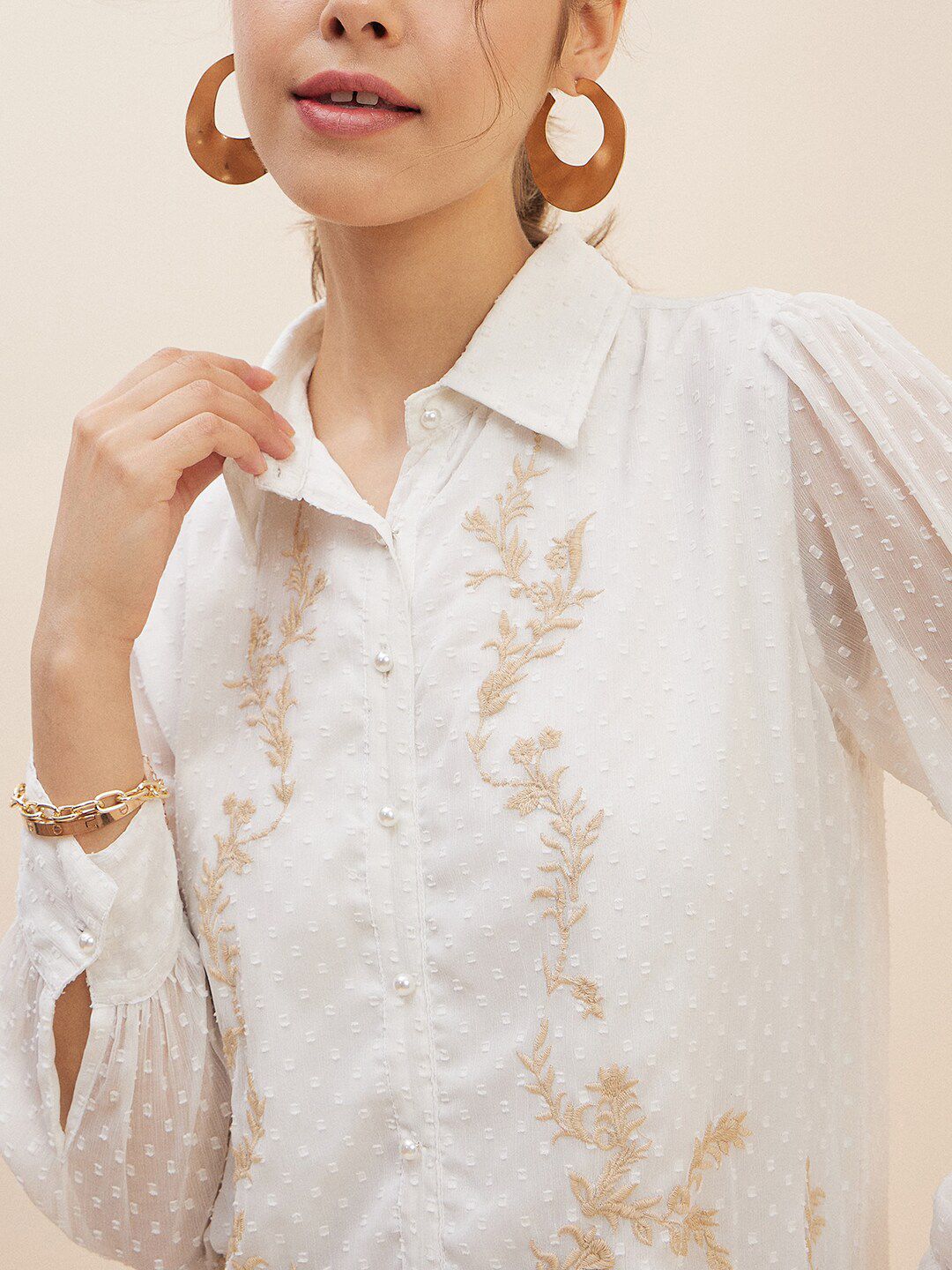 Antheaa White Floral Self Design Cuffed Sleeves Embroidered Detail Shirt Style Top