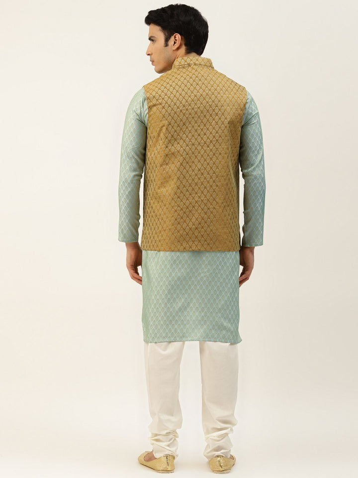 SOJANYA Kurta Motif Etnik Hijau & Coklat Sawi Lelaki dengan Jaket Churidar & Nehru