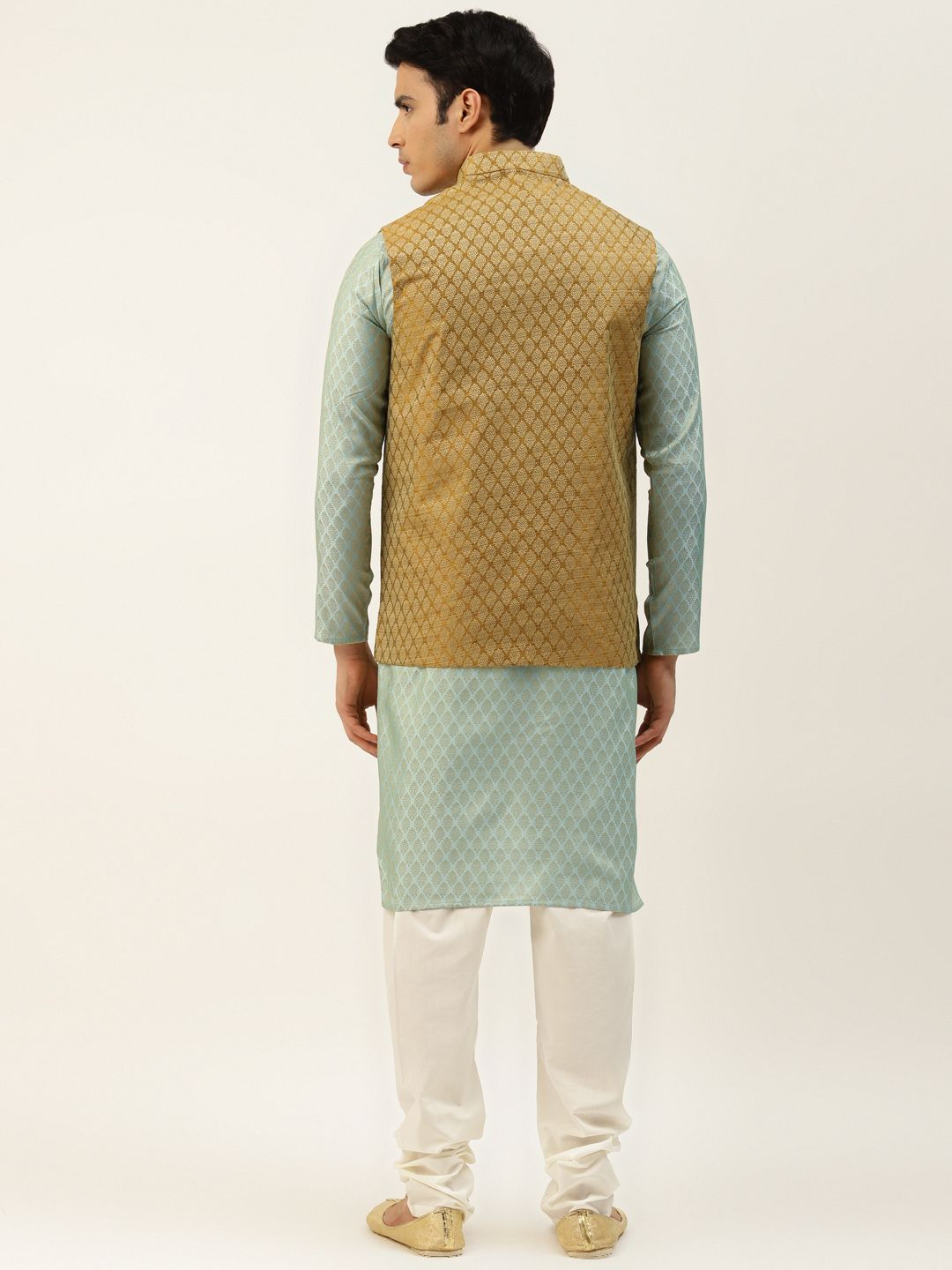 SOJANYA Kurta Motif Etnik Hijau & Coklat Sawi Lelaki dengan Jaket Churidar & Nehru