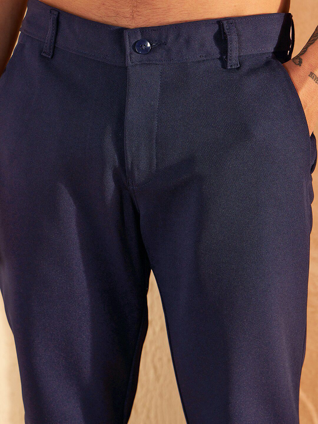 DENNISON Men Mid-Rise Textured Smart Fit Easy Wash 4-Way Lycra Trouser