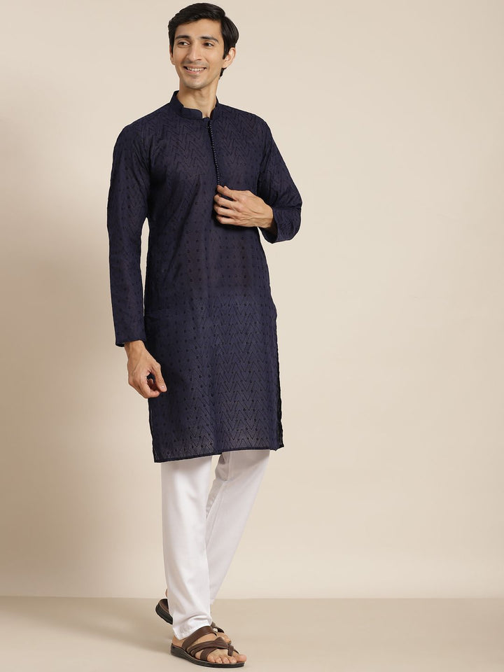 SOJANYA Men Navy Blue Ethnic Motifs Pure Cotton Kurta with Churidar & Nehru Jacket