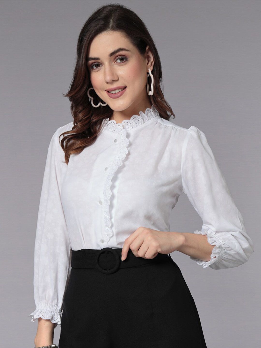 Style Quotient Floral Printed High Neck Cuffed Sleeves Shirt Style Top