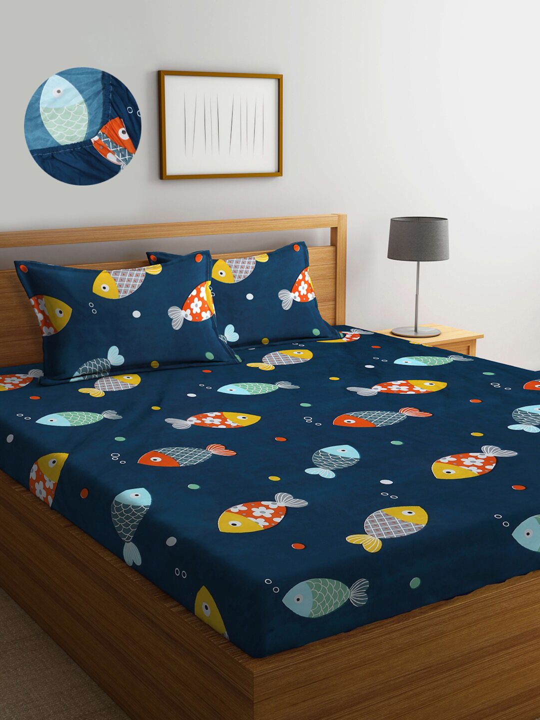 KLOTTHE Navy Blue Cartoon Fitted 300 TC King Fine Bedsheet with 2 Pillow Covers-250X225 cm