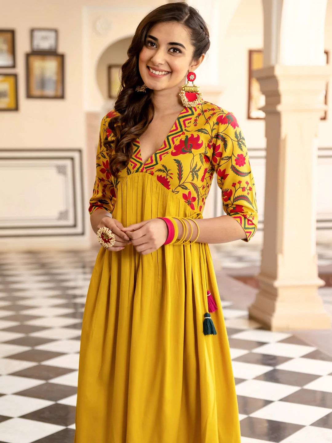 Rustorange Mustard Yellow & Pink Floral Liva A-Line Midi Dress